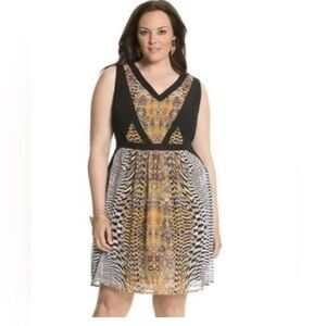 Lane Bryant Chiffon Sleeveless V-neck Black Multi Color Geometric Dress  Sz 22